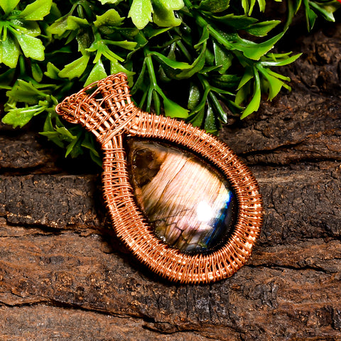 Gorgeous Top Grade Quality 100% Natural Labradorite Gemstone Pear Vintage Handmade Pure Copper Wire Wrapped Pendant 2.2" 19.7 gms. KR10-37 Sunkarton