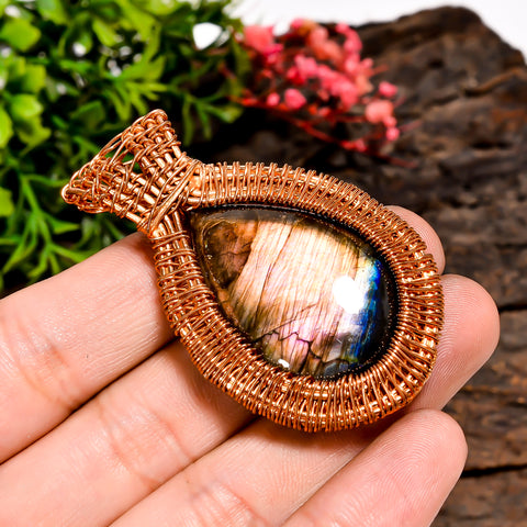 Gorgeous Top Grade Quality 100% Natural Labradorite Gemstone Pear Vintage Handmade Pure Copper Wire Wrapped Pendant 2.2