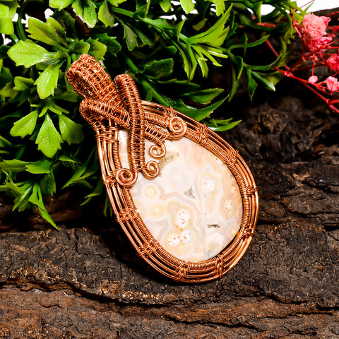 Immaculate Top Grade Quality 100% Natural Ocean Jasper Gemstone Pear Vintage Handmade Pure Copper Wire Wrapped Pendant 2.5