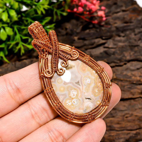 Immaculate Top Grade Quality 100% Natural Ocean Jasper Gemstone Pear Vintage Handmade Pure Copper Wire Wrapped Pendant 2.5