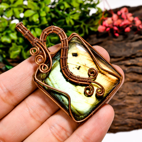 Awesome Top Grade Quality 100% Natural Labradorite Gemstone Radiant Vintage Handmade Pure Copper Wire Wrapped Pendant 2.4
