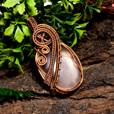 Marvellous Top Grade Quality 100% Natural Rose Quartz Gemstone Oval Vintage Handmade Pure Copper Wire Wrapped Pendant 2.2