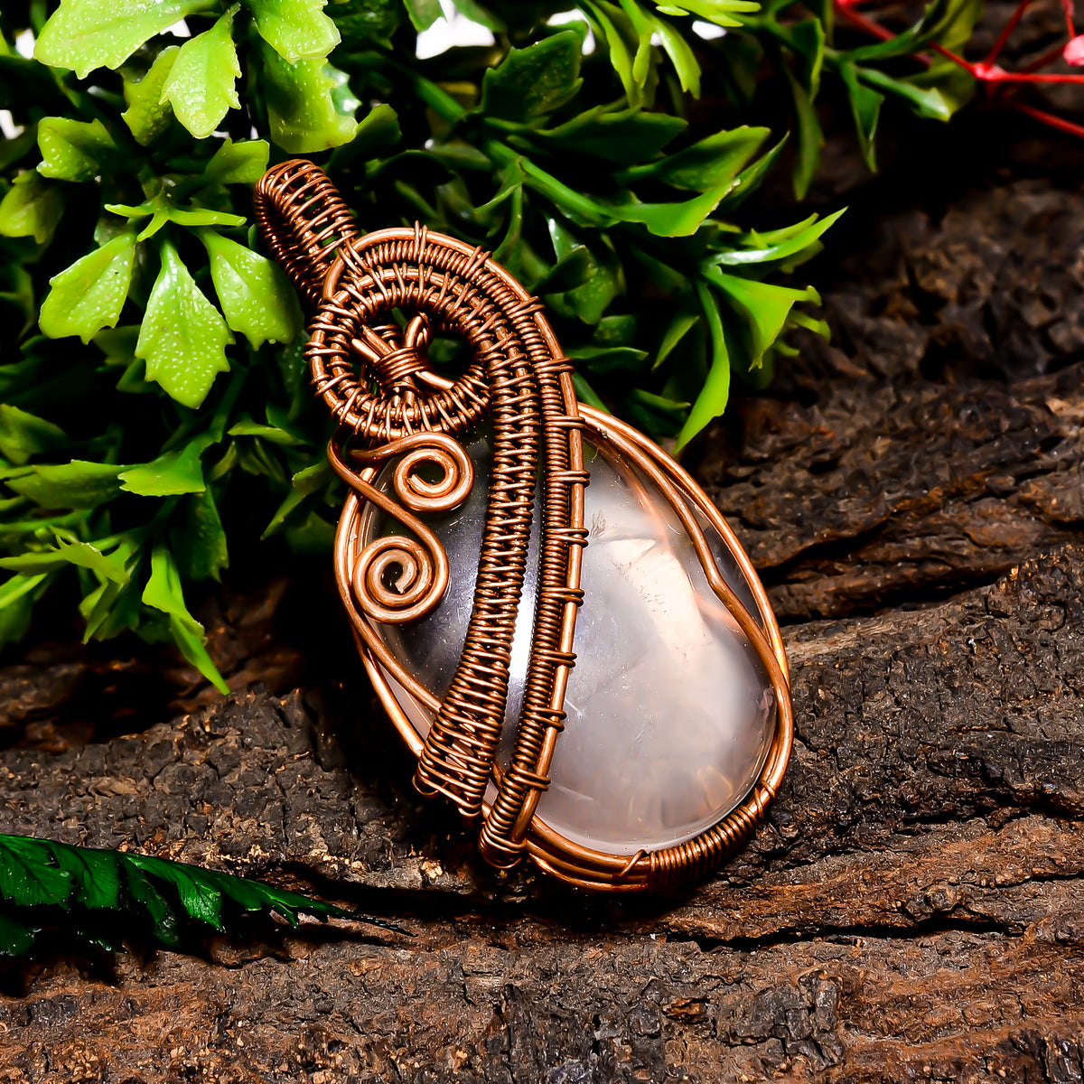 Marvellous Top Grade Quality 100% Natural Rose Quartz Gemstone Oval Vintage Handmade Pure Copper Wire Wrapped Pendant 2.2" 15.7 gms. KR10-40 Sunkarton