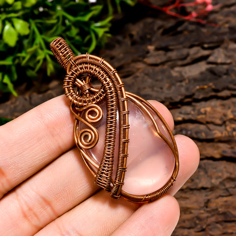 Marvellous Top Grade Quality 100% Natural Rose Quartz Gemstone Oval Vintage Handmade Pure Copper Wire Wrapped Pendant 2.2