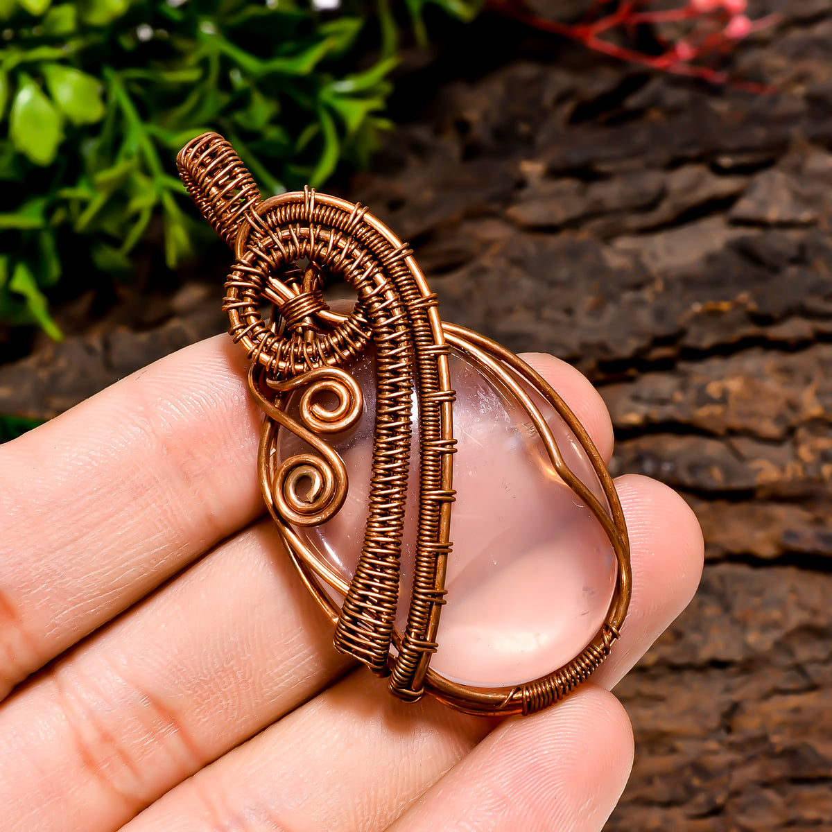 Marvellous Top Grade Quality 100% Natural Rose Quartz Gemstone Oval Vintage Handmade Pure Copper Wire Wrapped Pendant 2.2" 15.7 gms. KR10-40 Sunkarton