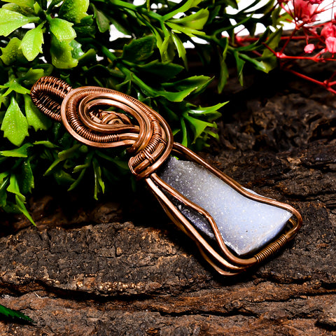 Outstanding A One Quality 100% Natural Black Druzy Gemstone Fancy Vintage Handmade Pure Copper Wire Wrapped Pendant 2.6