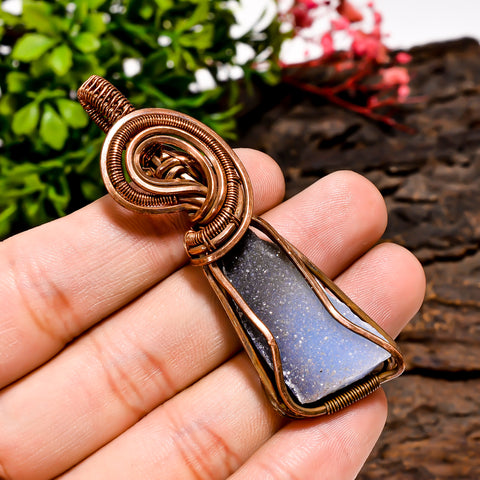 Outstanding A One Quality 100% Natural Black Druzy Gemstone Fancy Vintage Handmade Pure Copper Wire Wrapped Pendant 2.6