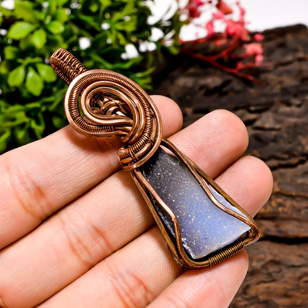 Outstanding A One Quality 100% Natural Black Druzy Gemstone Fancy Vintage Handmade Pure Copper Wire Wrapped Pendant 2.6" 14.9 gms. KR10-42 Sunkarton