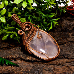 Splendid Top Grade Quality 100% Natural Rose Quartz Gemstone Oval Vintage Handmade Pure Copper Wire Wrapped Pendant 2.6" 24.3 gms. KR10-43 Sunkarton
