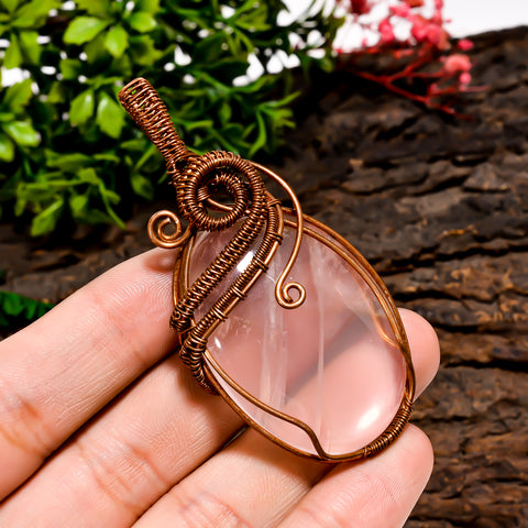 Splendid Top Grade Quality 100% Natural Rose Quartz Gemstone Oval Vintage Handmade Pure Copper Wire Wrapped Pendant 2.6