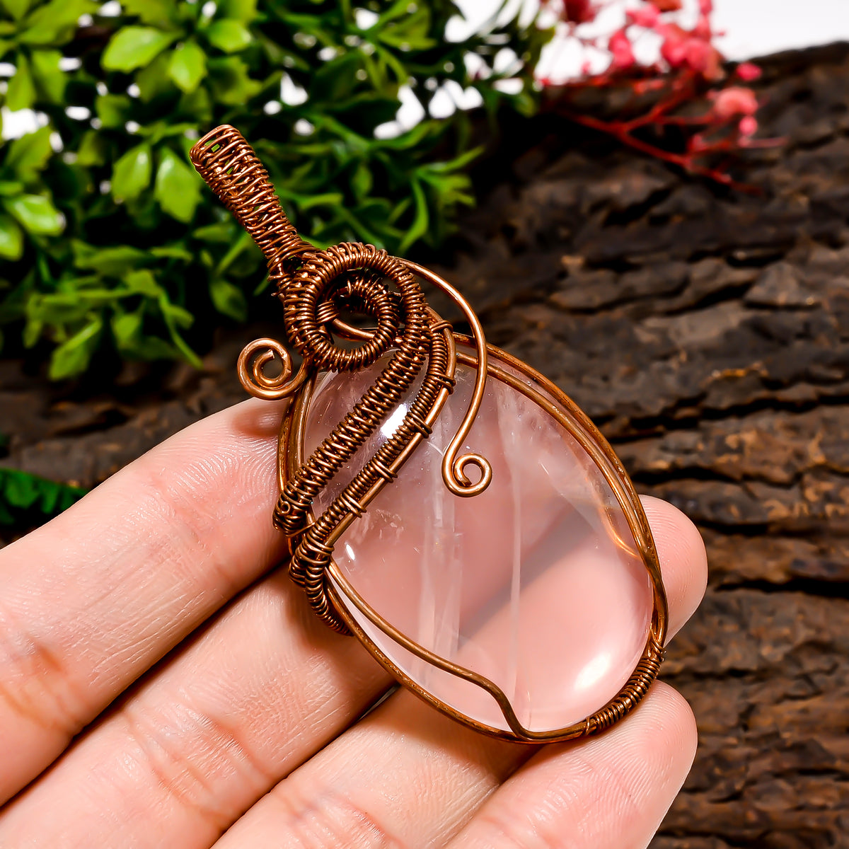 Splendid Top Grade Quality 100% Natural Rose Quartz Gemstone Oval Vintage Handmade Pure Copper Wire Wrapped Pendant 2.6" 24.3 gms. KR10-43 Sunkarton