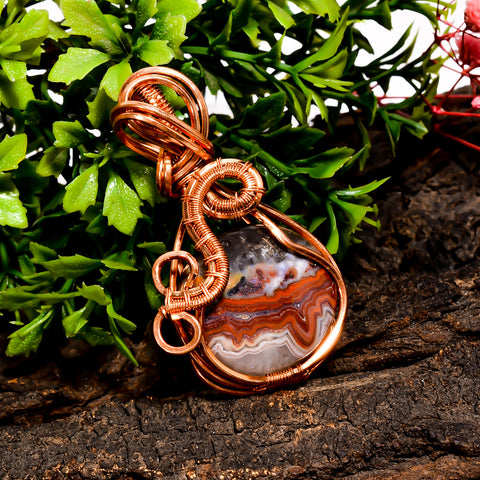Superb Top Grade Quality 100% Natural Crazy Lace Agate Gemstone Round Vintage Handmade Pure Copper Wire Wrapped Pendant 2.2