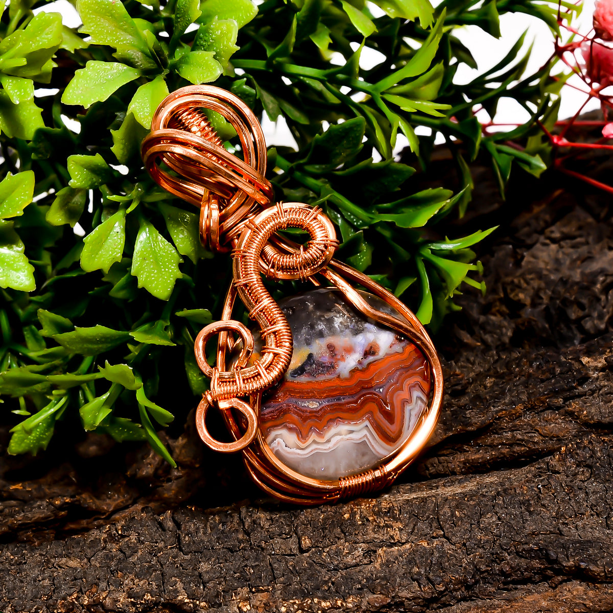 Superb Top Grade Quality 100% Natural Crazy Lace Agate Gemstone Round Vintage Handmade Pure Copper Wire Wrapped Pendant 2.2" 18 gms. KR10-44 Sunkarton