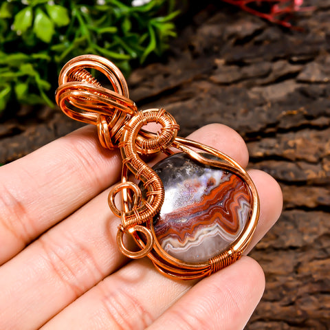 Superb Top Grade Quality 100% Natural Crazy Lace Agate Gemstone Round Vintage Handmade Pure Copper Wire Wrapped Pendant 2.2