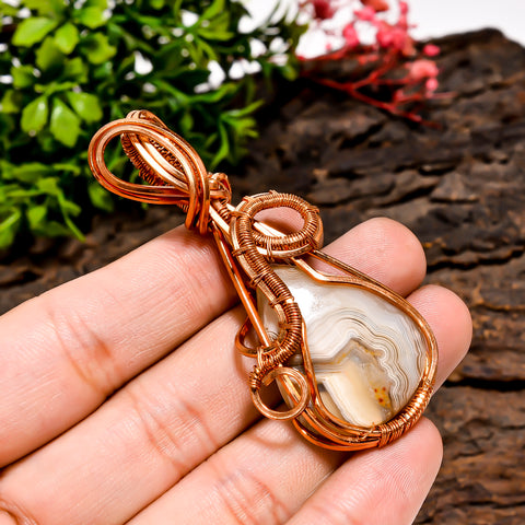 Stunning A One Quality 100% Natural Crazy Lace Agate Gemstone Pear Vintage Handmade Pure Copper Wire Wrapped Pendant 2.5