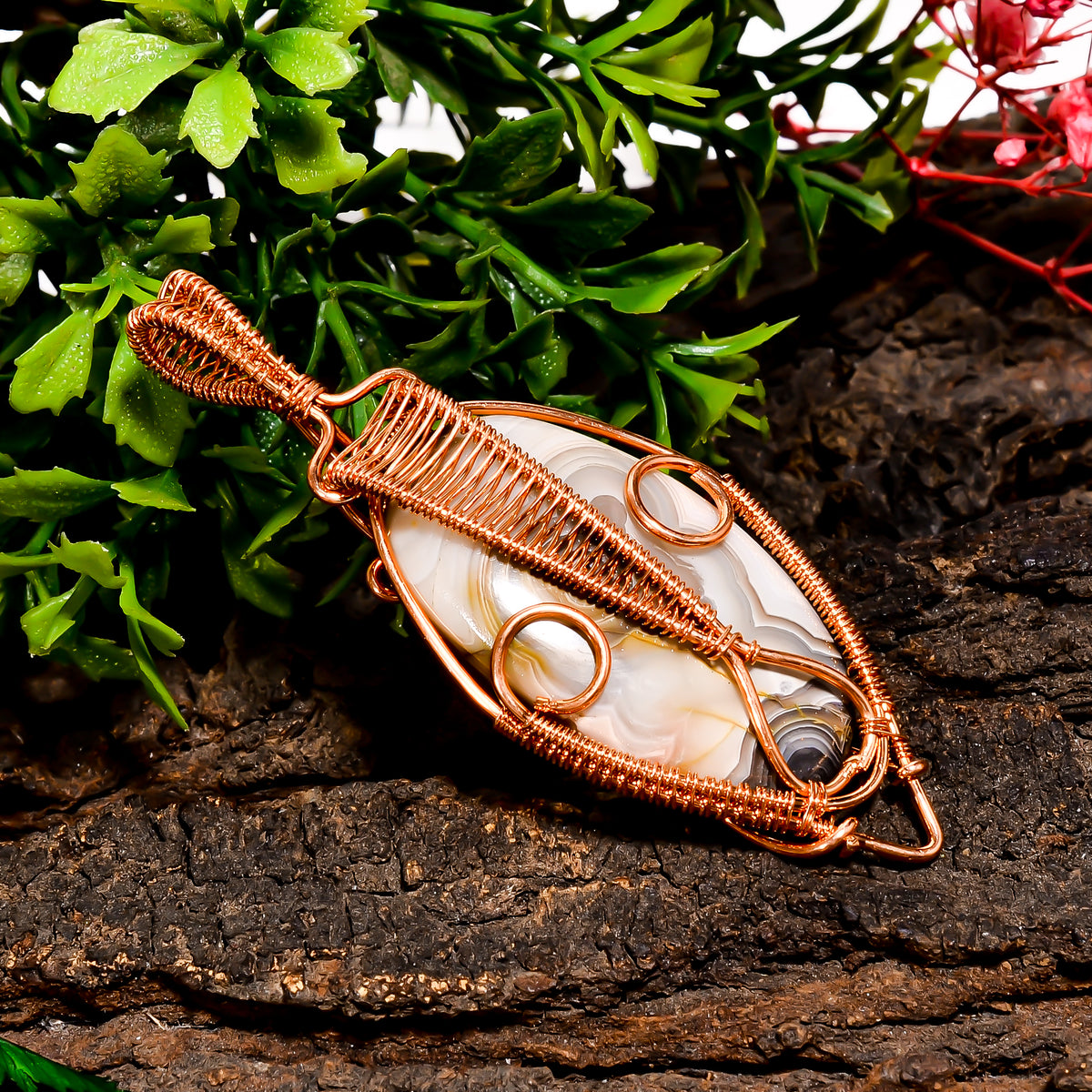 Supreme A One Quality 100% Natural Crazy Lace Agate Gemstone Oval Vintage Handmade Pure Copper Wire Wrapped Pendant 2.6" 12.8 gms. KR10-46 Sunkarton