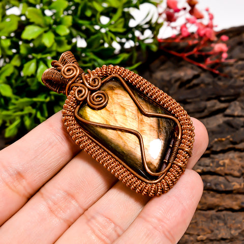 Tempting Top Grade Quality 100% Natural Labradorite Gemstone Fancy Vintage Handmade Pure Copper Wire Wrapped Pendant 2.3