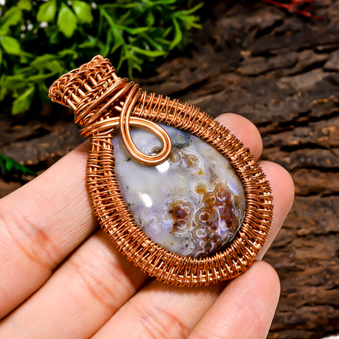 Unique Top Grade Quality 100% Natural Crazy Lace Agate Gemstone Pear Vintage Handmade Pure Copper Wire Wrapped Pendant 2.2
