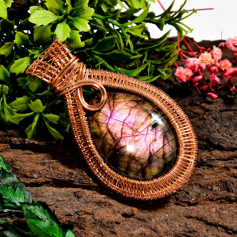 Beautiful Top Grade Quality 100% Natural Labradorite Gemstone Oval Vintage Handmade Pure Copper Wire Wrapped Pendant 2.6