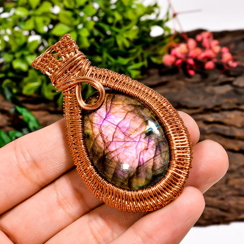 Beautiful Top Grade Quality 100% Natural Labradorite Gemstone Oval Vintage Handmade Pure Copper Wire Wrapped Pendant 2.6