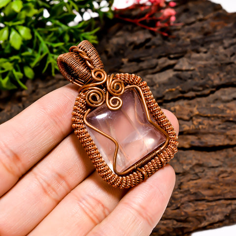 Amazing Top Grade Quality 100% Natural Rose Quartz Gemstone Radiant Vintage Handmade Pure Copper Wire Wrapped Pendant 2