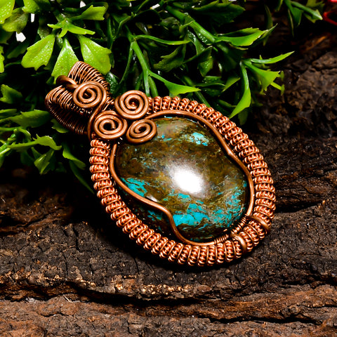Attractive A One Quality 100% Natural Tibetan Turquoise Gemstone Oval Vintage Handmade Pure Copper Wire Wrapped Pendant 2
