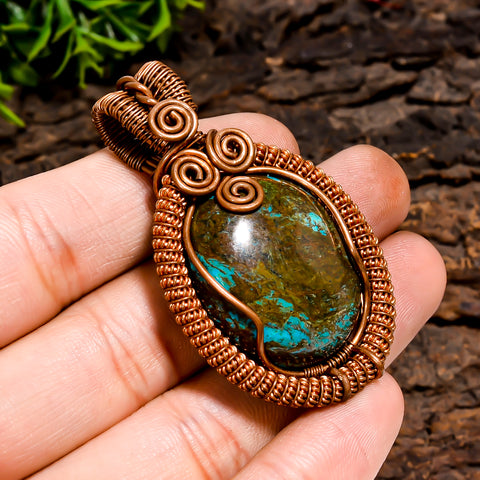 Attractive A One Quality 100% Natural Tibetan Turquoise Gemstone Oval Vintage Handmade Pure Copper Wire Wrapped Pendant 2
