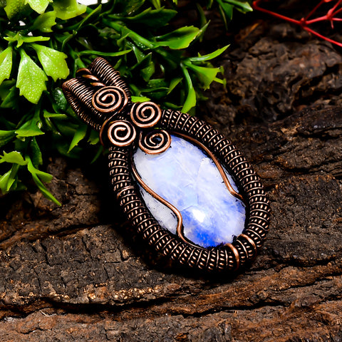 Awesome A One Quality 100% Natural Rainbow Moonstone Gemstone Oval Vintage Handmade Pure Copper Wire Wrapped Pendant 2.2