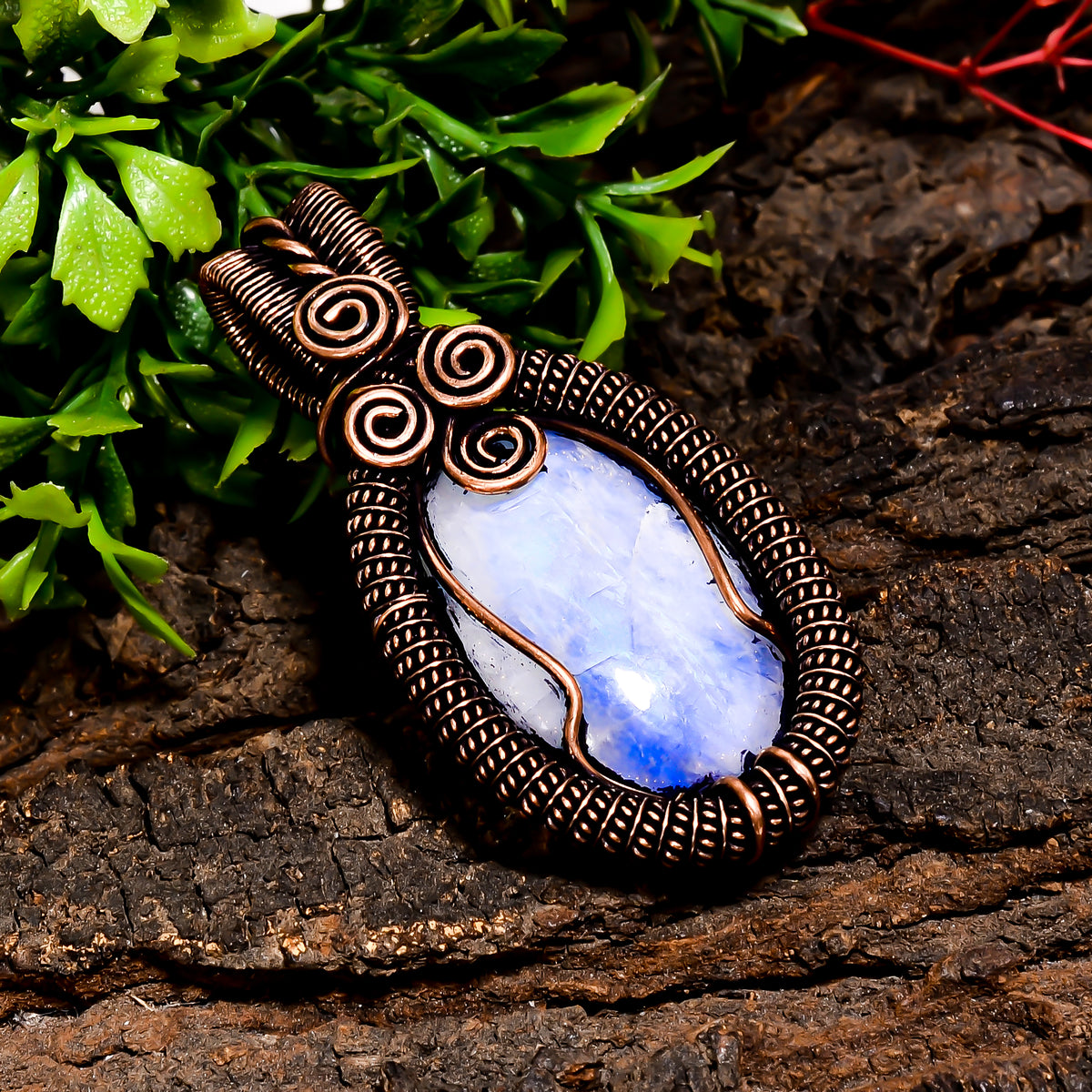 Awesome A One Quality 100% Natural Rainbow Moonstone Gemstone Oval Vintage Handmade Pure Copper Wire Wrapped Pendant 2.2" 19.1 gms. KR10-53 Sunkarton