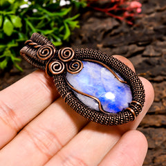 Awesome A One Quality 100% Natural Rainbow Moonstone Gemstone Oval Vintage Handmade Pure Copper Wire Wrapped Pendant 2.2" 19.1 gms. KR10-53 Sunkarton