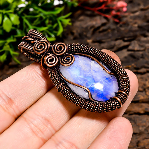 Awesome A One Quality 100% Natural Rainbow Moonstone Gemstone Oval Vintage Handmade Pure Copper Wire Wrapped Pendant 2.2