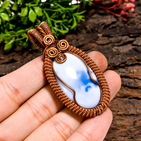Classic A One Quality 100% Natural Owyhee Blue Opal Gemstone Oval Vintage Handmade Pure Copper Wire Wrapped Pendant 2.3