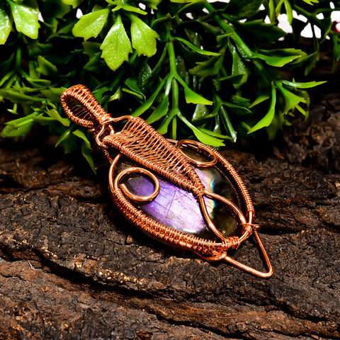 Excellent Top Grade Quality 100% Natural Labradorite Gemstone Oval Vintage Handmade Pure Copper Wire Wrapped Pendant 2.4