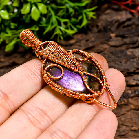 Excellent Top Grade Quality 100% Natural Labradorite Gemstone Oval Vintage Handmade Pure Copper Wire Wrapped Pendant 2.4