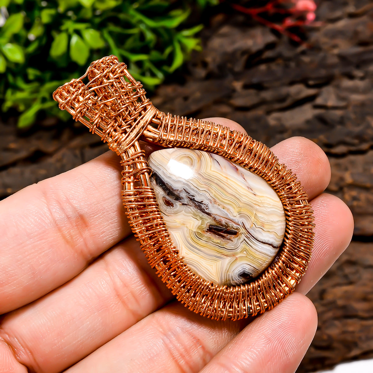 Elegant A One Quality 100% Natural Crazy Lace Agate Gemstone Pear Vintage Handmade Pure Copper Wire Wrapped Pendant 2.4" 18.4 gms. KR10-59 Sunkarton