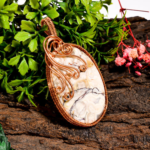 Classic Top Grade Quality 100% Natural Crazy Lace Agate Gemstone Oval Vintage Handmade Pure Copper Wire Wrapped Pendant 2.7
