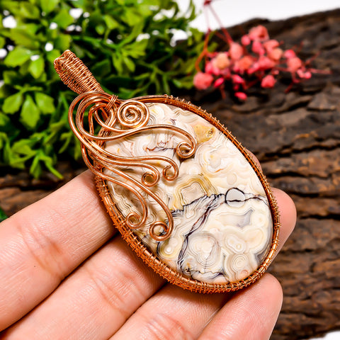 Classic Top Grade Quality 100% Natural Crazy Lace Agate Gemstone Oval Vintage Handmade Pure Copper Wire Wrapped Pendant 2.7