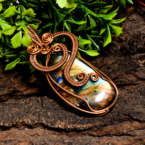 Fabulous Top Grade Quality 100% Natural Labradorite Gemstone Fancy Vintage Handmade Pure Copper Wire Wrapped Pendant 2.5