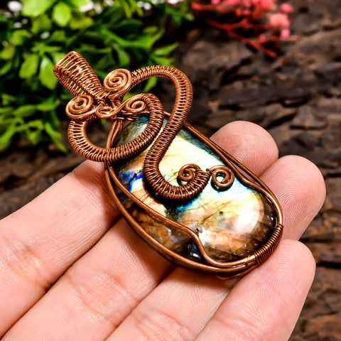 Fabulous Top Grade Quality 100% Natural Labradorite Gemstone Fancy Vintage Handmade Pure Copper Wire Wrapped Pendant 2.5