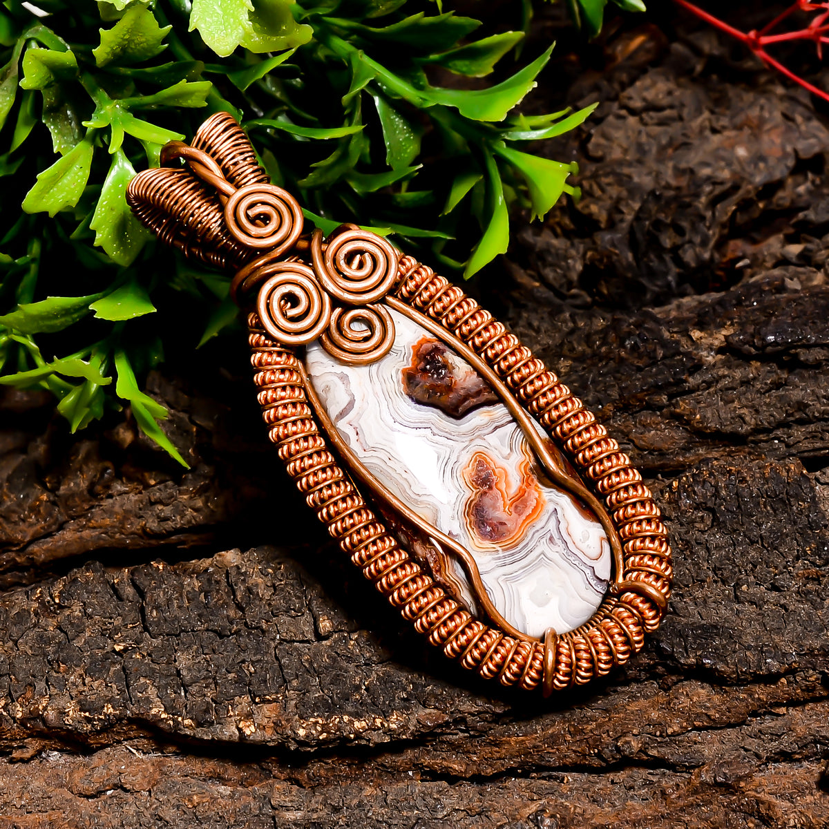 Fantastic A One Quality 100% Natural Crazy Lace Agate Gemstone Pear Vintage Handmade Pure Copper Wire Wrapped Pendant 2.4" 19.7 gms. KR10-61 Sunkarton