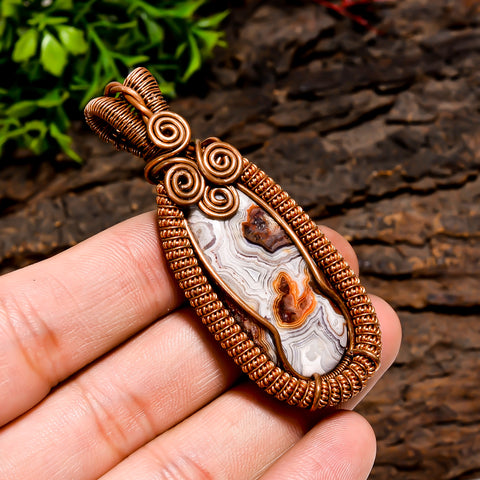 Fantastic A One Quality 100% Natural Crazy Lace Agate Gemstone Pear Vintage Handmade Pure Copper Wire Wrapped Pendant 2.4
