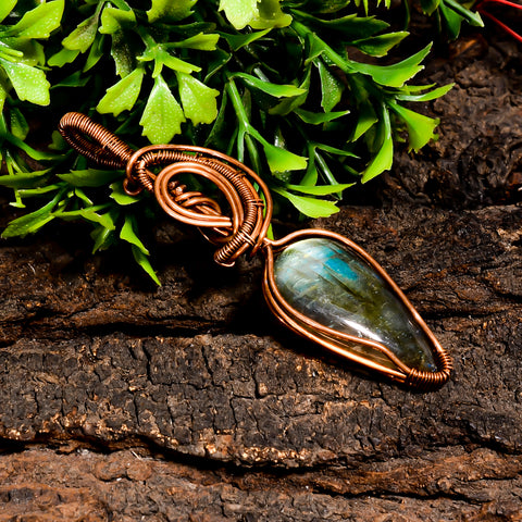 Gorgeous Top Grade Quality 100% Natural Labradorite Gemstone Pear Vintage Handmade Pure Copper Wire Wrapped Pendant 2.7