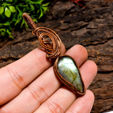Gorgeous Top Grade Quality 100% Natural Labradorite Gemstone Pear Vintage Handmade Pure Copper Wire Wrapped Pendant 2.7