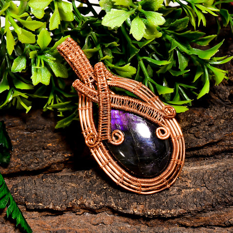 Immaculate Top Grade Quality 100% Natural Labradorite Gemstone Oval Vintage Handmade Pure Copper Wire Wrapped Pendant 2.5