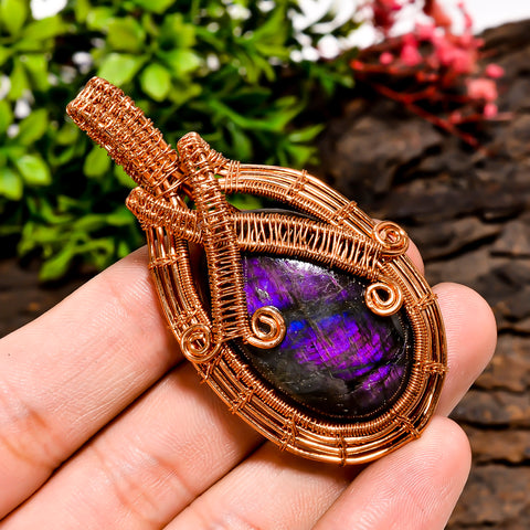 Immaculate Top Grade Quality 100% Natural Labradorite Gemstone Oval Vintage Handmade Pure Copper Wire Wrapped Pendant 2.5