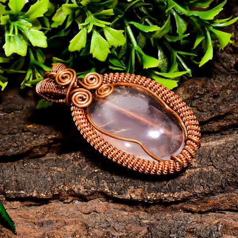 Incredible Top Grade Quality 100% Natural Rose Quartz Gemstone Oval Vintage Handmade Pure Copper Wire Wrapped Pendant 2.2