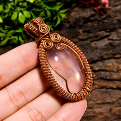 Incredible Top Grade Quality 100% Natural Rose Quartz Gemstone Oval Vintage Handmade Pure Copper Wire Wrapped Pendant 2.2" 25.3 gms. KR10-64 Sunkarton