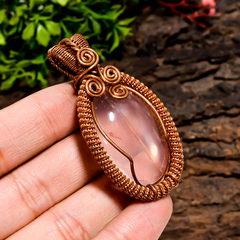 Incredible Top Grade Quality 100% Natural Rose Quartz Gemstone Oval Vintage Handmade Pure Copper Wire Wrapped Pendant 2.2