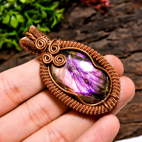 Marvellous Top Grade Quality 100% Natural Labradorite Gemstone Oval Vintage Handmade Pure Copper Wire Wrapped Pendant 2.3