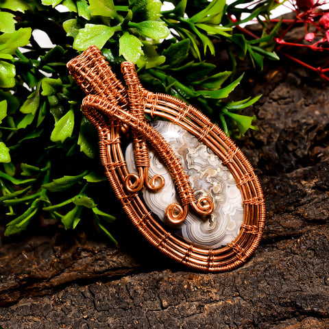 Splendid A One Quality 100% Natural Crazy Lace Agate Gemstone Oval Vintage Handmade Pure Copper Wire Wrapped Pendant 2.4